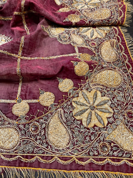 Antique Gold Gilt Thread Embroidered Silk Velvet Cover : C19th India