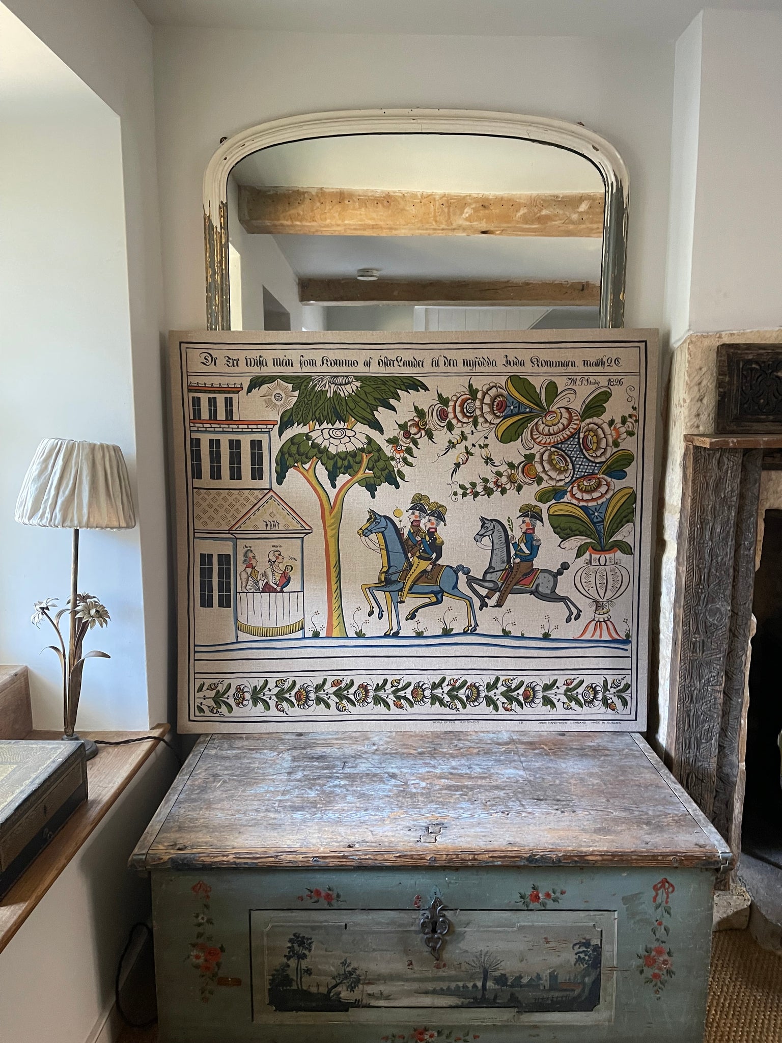 Large Swedish Folk Art Print Linen Wall Hanging: C1950s translation 19th Century Wall Paintings, Sweden