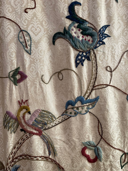 Antique Embroidered Crewelwork Tree of Life with Birds: C1910 A.H. Lee, Birkenhead, Britain. 337cm x 126cm