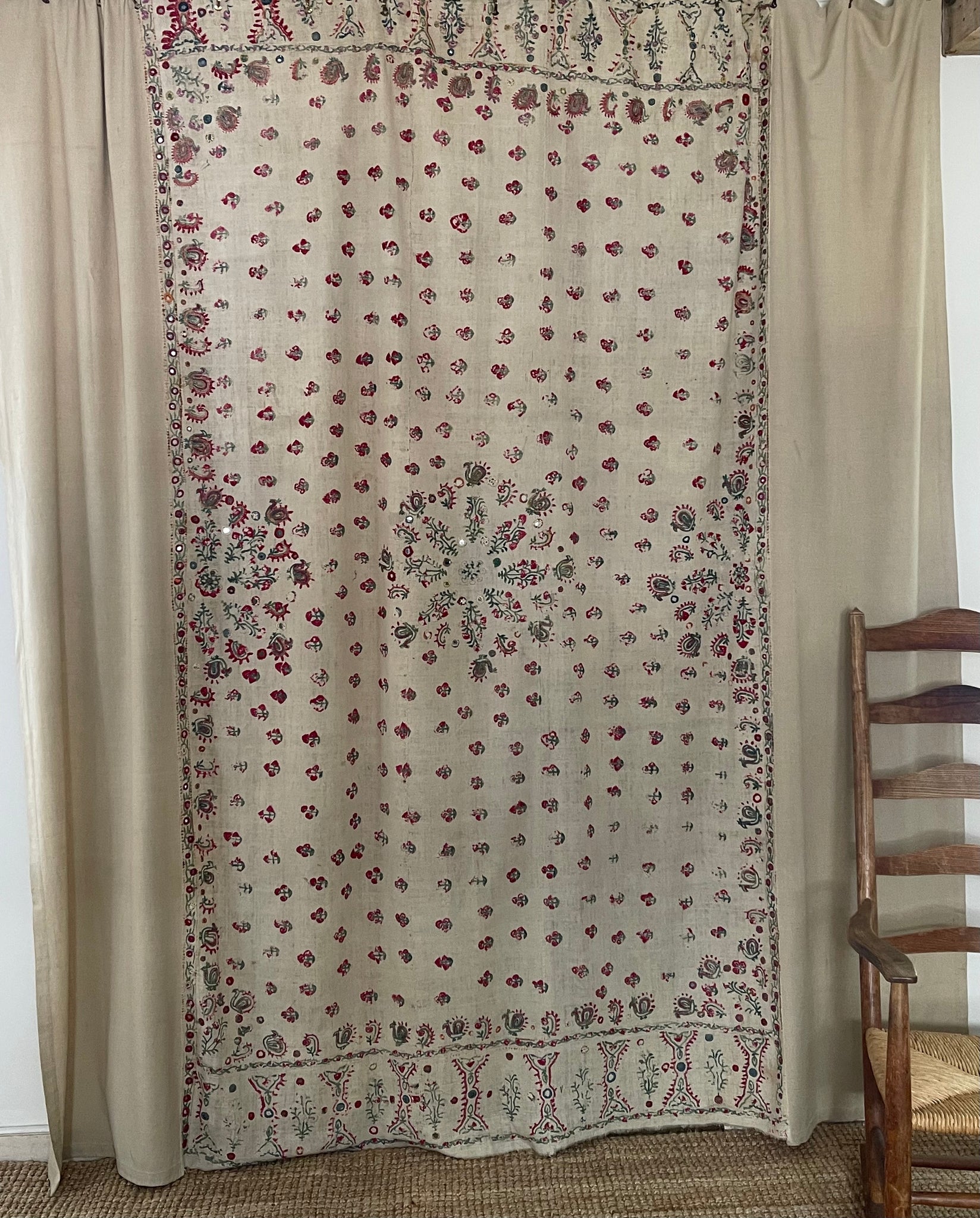 Antique Abochani Silk Embroidered with Mirrors Bedcover or Curtain: C19th/20th Sinh