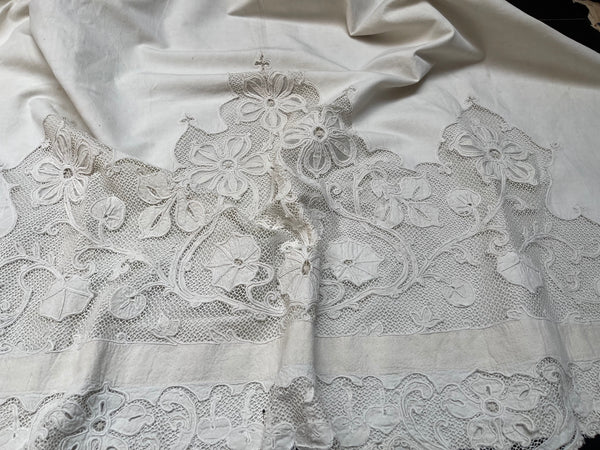 A Pair of Art Nouveau Cutwork and Embroidered Chateau Window Curtain Panels: C1900 France