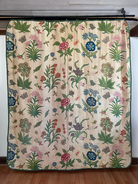 Vintage Jacobean Revival Crewelwork Embroidered Bedcover Quilt: C1970s Kashmir, India for export. 200cm x 220cm