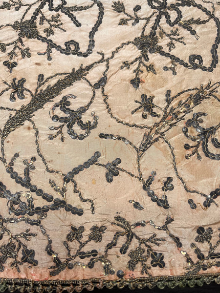 Antique Gilt Thread and Sequin Pink Silk Wallhanging: C18th Ottoman Turkey