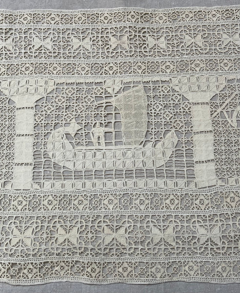 Antique Reticula Needlepoint Figurative Lace Panel Viking Ship: C1910 Europe