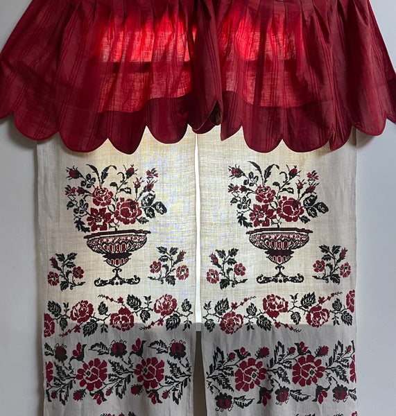 French Pink and Red Striped Ticking Pelmet with Chintz Border: C19th France