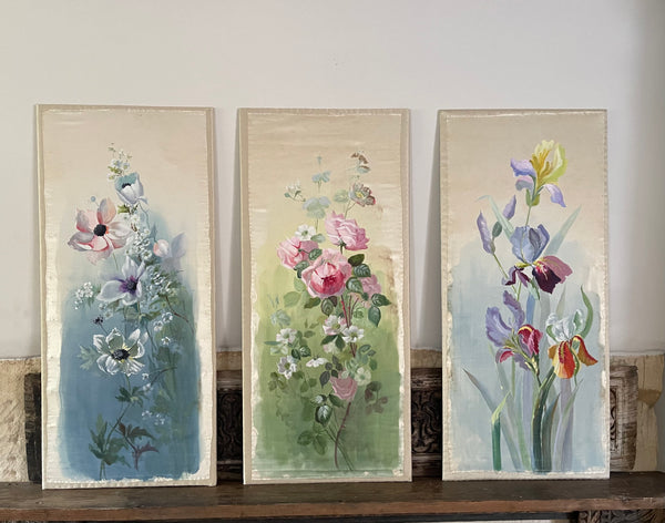 Set of Three Hand Painted Floral Silk Wall Panels :C1920 England