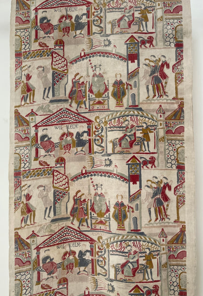 Antique Printed Linen Wallhanging Inspired by Bayeux Tapestry: C1920s Britain