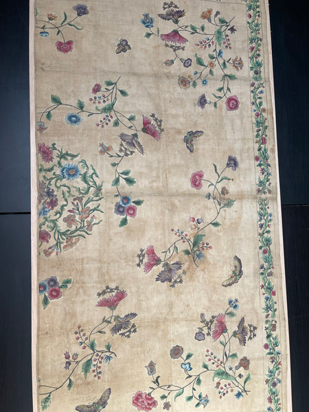 Antique Hand Painted Wallhanging with Butterflies and Flowers: C18th China for export to Europe.