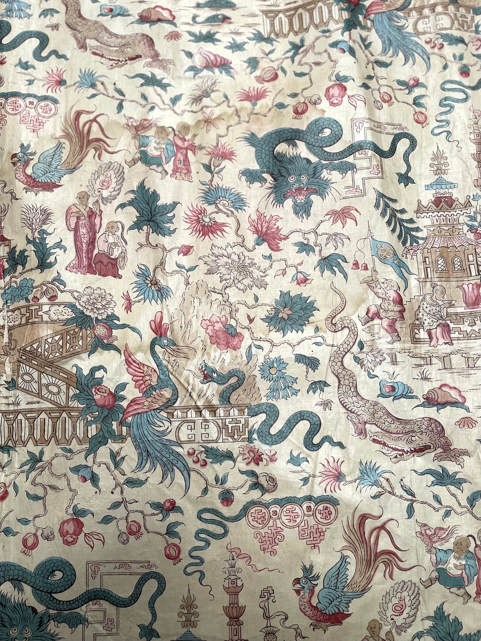 Panel of Georgian Glazed Chintz with Dragons and Exotic Creatures: C1800 England