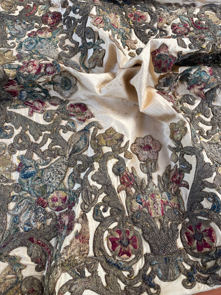 Antique Early Silk and Metal Thread Embroidered Appliqué Panel: C17th Britain