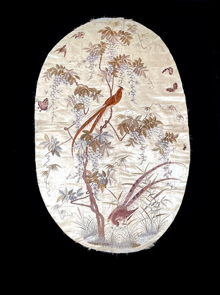 Antique Oval Silk Embroidery with Birds & Butterflies: C19th Qing dynasty, China