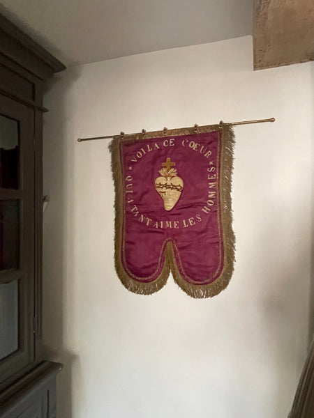 Antique Silk Embroidered Ecclesiastical Wallhanging Banner with Stumpwork Heart: C19th France