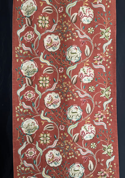Antique Jacobean Revival Printed Linen with Mythical Animals Yardage Interior Decor Upholstery: C20th Britain