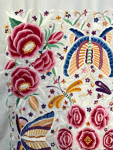 Antique Embroidered Bedcover Throw Curtain with Butterflies Florals Dragonflies: C20th Mexico