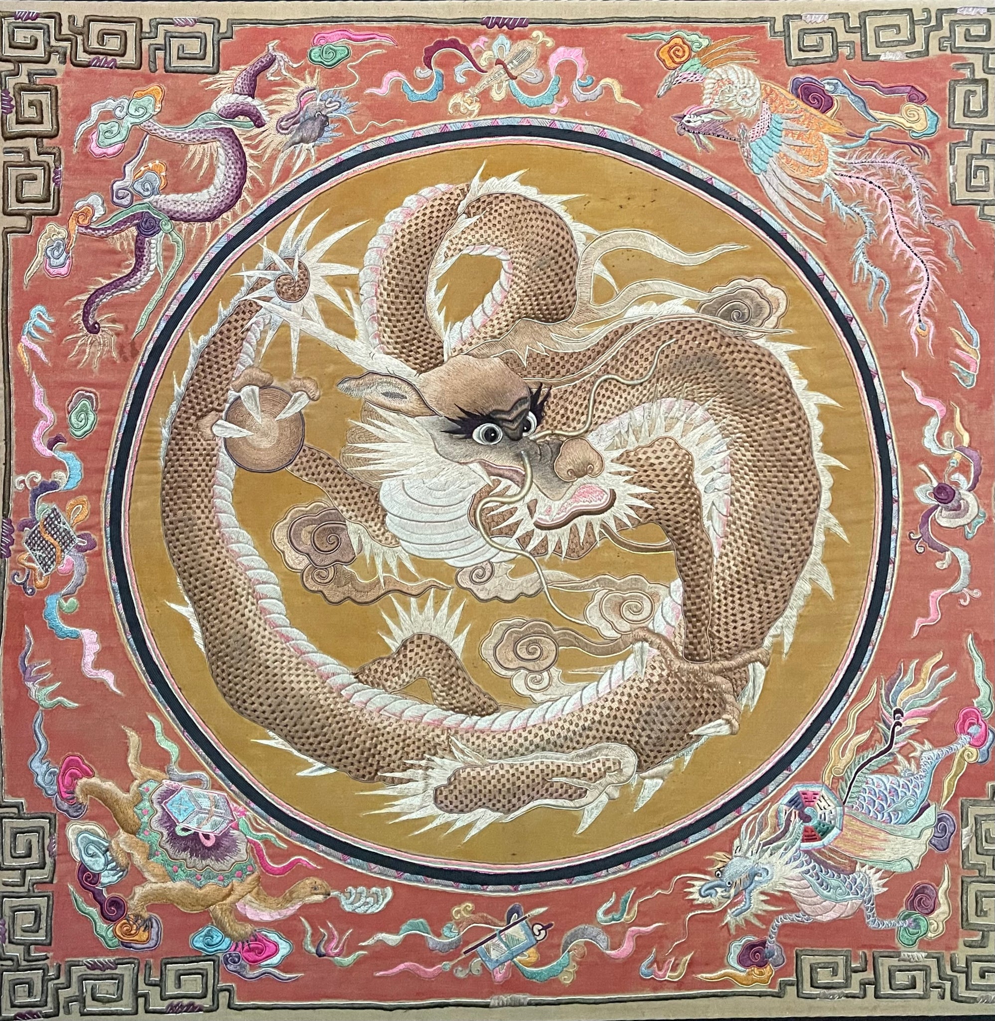 Extraordinarily Fine Stumpwork Embroidered Dragon Chasing Pearl: C1900 Asia