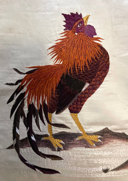 Fine Antique Silk Embroidered Wall Hanging with Cockerels: C19th China