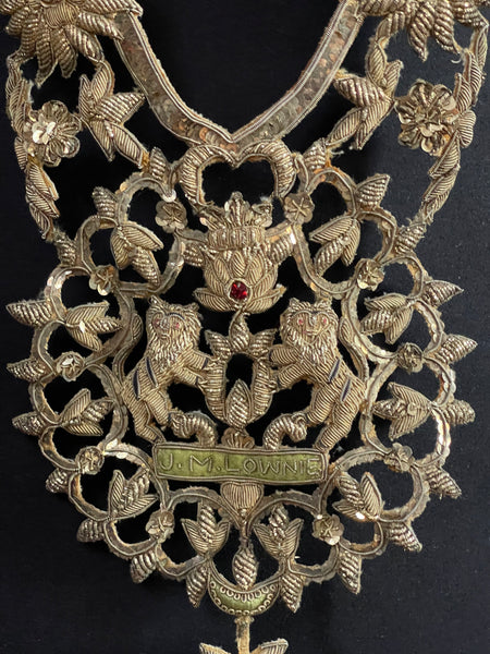 Antique Anglo India Zardozi Embroidered Heraldic Ceremonial Garland Necklace: C19th India
