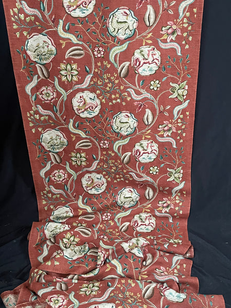 Antique Jacobean Revival Printed Linen with Mythical Animals Yardage Interior Decor Upholstery: C20th Britain