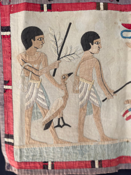 Antique Egyptian Revival Appliqué Wallhanging with Herders, Geese, Hieroglyphics: C1920s Egypt