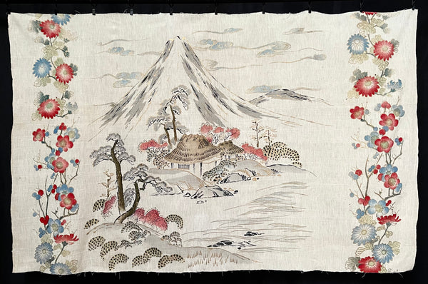 Traditional Block Printed Hand Painted Wallhanging with Mount Fuji: C1930 Japan