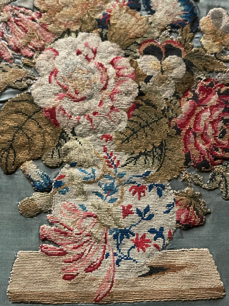 Needlework Tapestry Still Life Vase Garden Flowers: C19th English