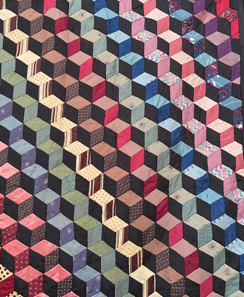 Antique Handmade Tumbling Blocks Silk Patchwork Quilt made with Cravat & Scarf Silks: C1910/20 Britain