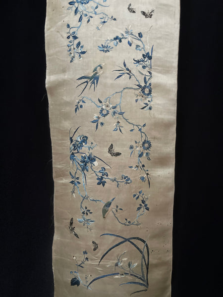 Fine Chinese Silk Embroidered Panel with Birds, Butterflies and Florals: C19th China