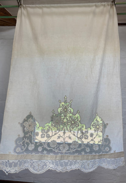 A Pair of Art Nouveau Cutwork and Embroidered Chateau Window Curtain Panels: C1900 France