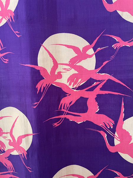 Art Deco era Printed Silk with Cranes Flying across Moon: C1920 Japan