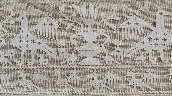 Untitled Antique Filet Lace Valance with Birds & Vases: C19th Europe