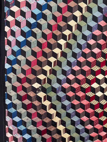 Antique Handmade Tumbling Blocks Silk Patchwork Quilt made with Cravat & Scarf Silks: C1910/20 Britain