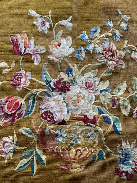 Decorative Unused Antique Tapestry Panel with Vase of Flowers: C1900 France