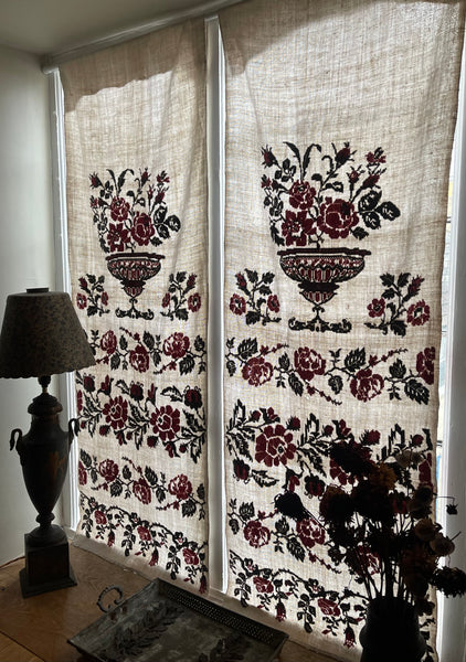 Antique Traditional Hand Embroidered Folk Art Curtain Panels with Urns and Roses: C19th Ukraine