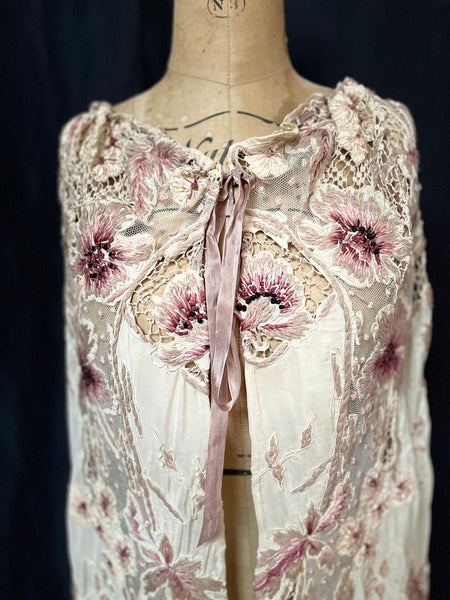 Antique Edwardian Art Nouveau Embroidered and Appliquéd Florals Silk Cape: C1910 France