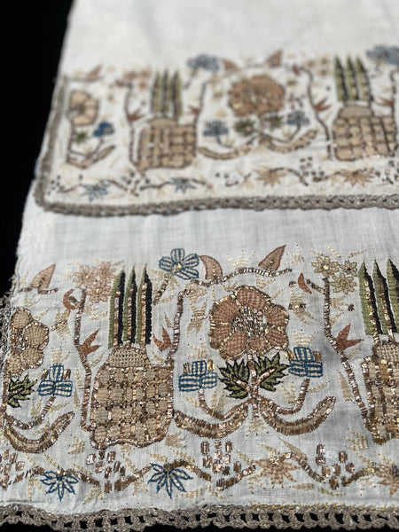 Pair Antique Ottoman Embroideries Silk and Metal Thread With Architectural & Garden Elements: C19th Turkey