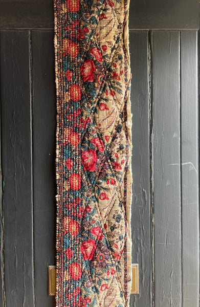 Antique Quilted Block Print & Hand Painted Floral Mezzaro Border: C19th Europe