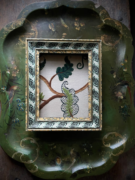 Antique Crewelwork Embroidery in French Hand Painted Wallpaper Covered Frame: C18th England