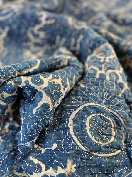 Antique Block Print Resist Dyed Quilted Toile de Rouen French Indigo: C 18th France