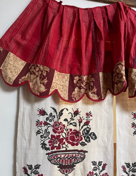 French Pink and Red Striped Ticking Pelmet with Chintz Border: C19th France