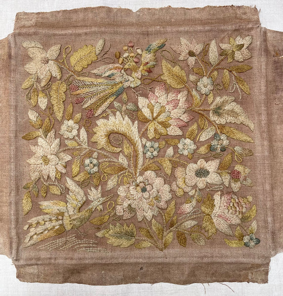 Antique Georgian Crewelwork Embroidery with Birds and Florals: C1700s England