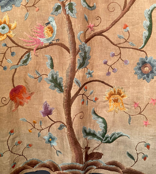 ON HOLD: Arts and Crafts Jacobean Revival Crewelwork Embroidered Tree of Life Wallhanging: C1900