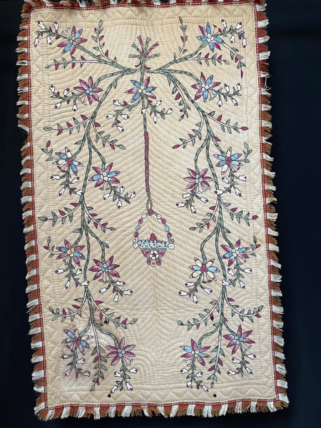 Antique Block Printed & Hand Painted Quilted Wall Hanging: C19th, Kandili Turkey