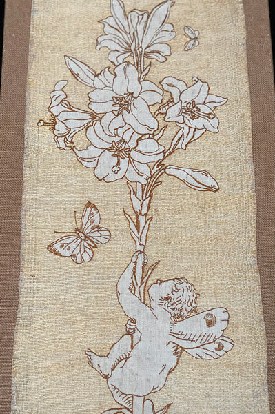 Antique Art Nouveau Silk Embroidery with Cupid & Lily in the manner of Walter Crane: C1900 England