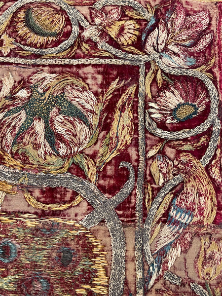 Early Silk and Metal Thread Embroidered Velvet Panel with Peacock and Flowers: C17th Italy or Spain