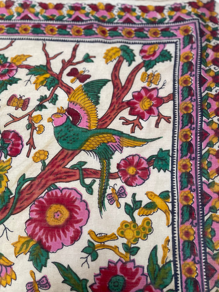 Block Print Tree of Life with Parrots, Peacock, Flowers & Butterflies: C20th India