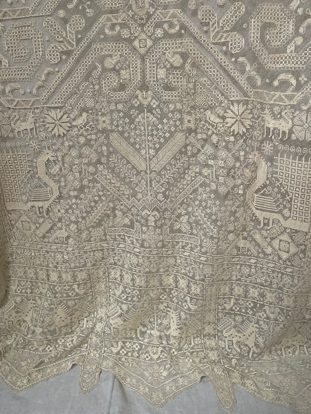 Antique Early Figurative Filet Lace Curtain Mythological Beasts Birds Tree of Life Hand Embroidered: C18th Italy