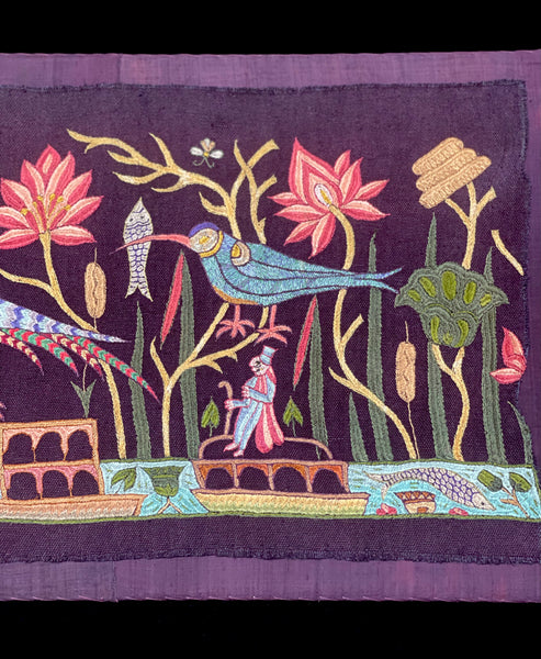Antique Silk Embroidery with Houseboats, Birds and Florals: Late 19th, Srinagar, Kashmir, India