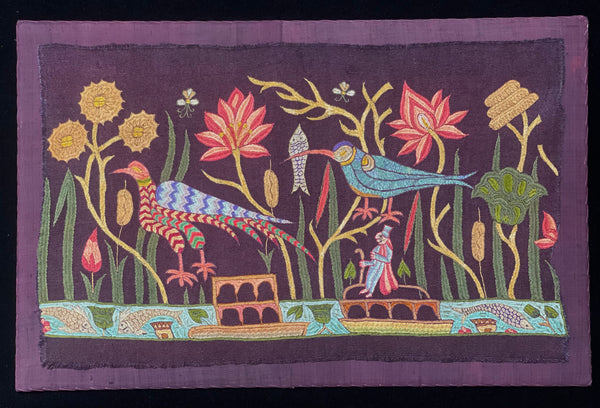 Antique Silk Embroidery with Houseboats, Birds and Florals: Late 19th, Srinagar, Kashmir, India