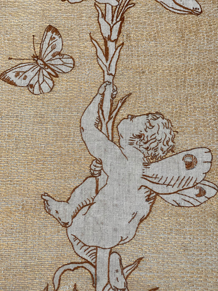 Antique Art Nouveau Silk Embroidery with Cupid & Lily in the manner of Walter Crane: C1900 England