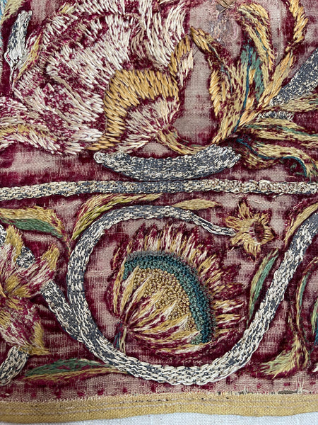 Early Silk and Metal Thread Embroidered Velvet Panel with Peacock and Flowers: C17th Italy or Spain